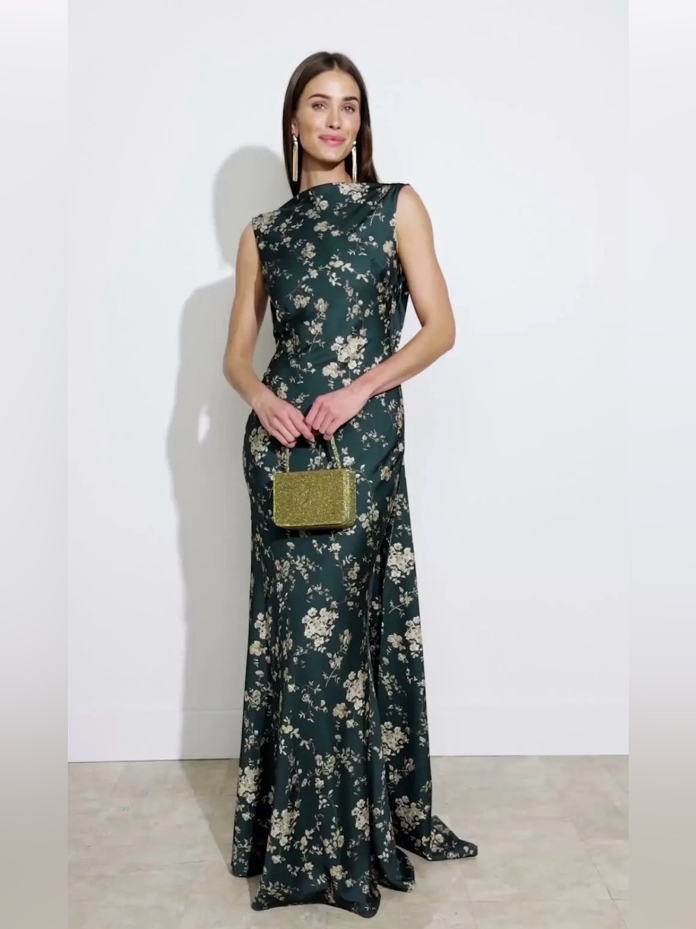 Elegant Dark Green Floral Evening Gown